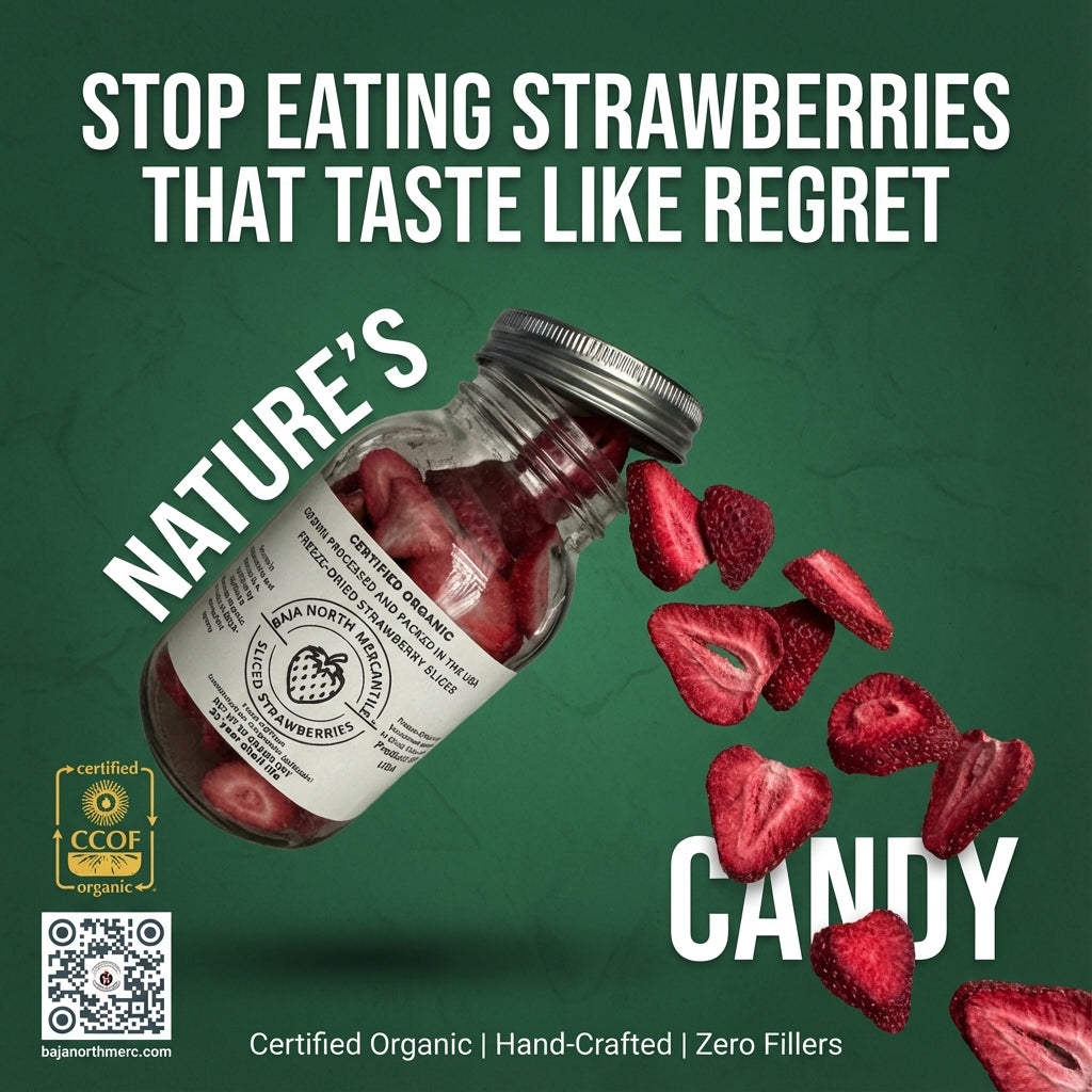 Freeze-Dried Strawberry Slices Certified by California Certified Organic Farmers a USDA Accredited Agency | Vacuumed Sealed in Glass Jars | Hand Crafted | Grown and made in USA | Pure Slices Zero Fillers, Preservatives or Additives.