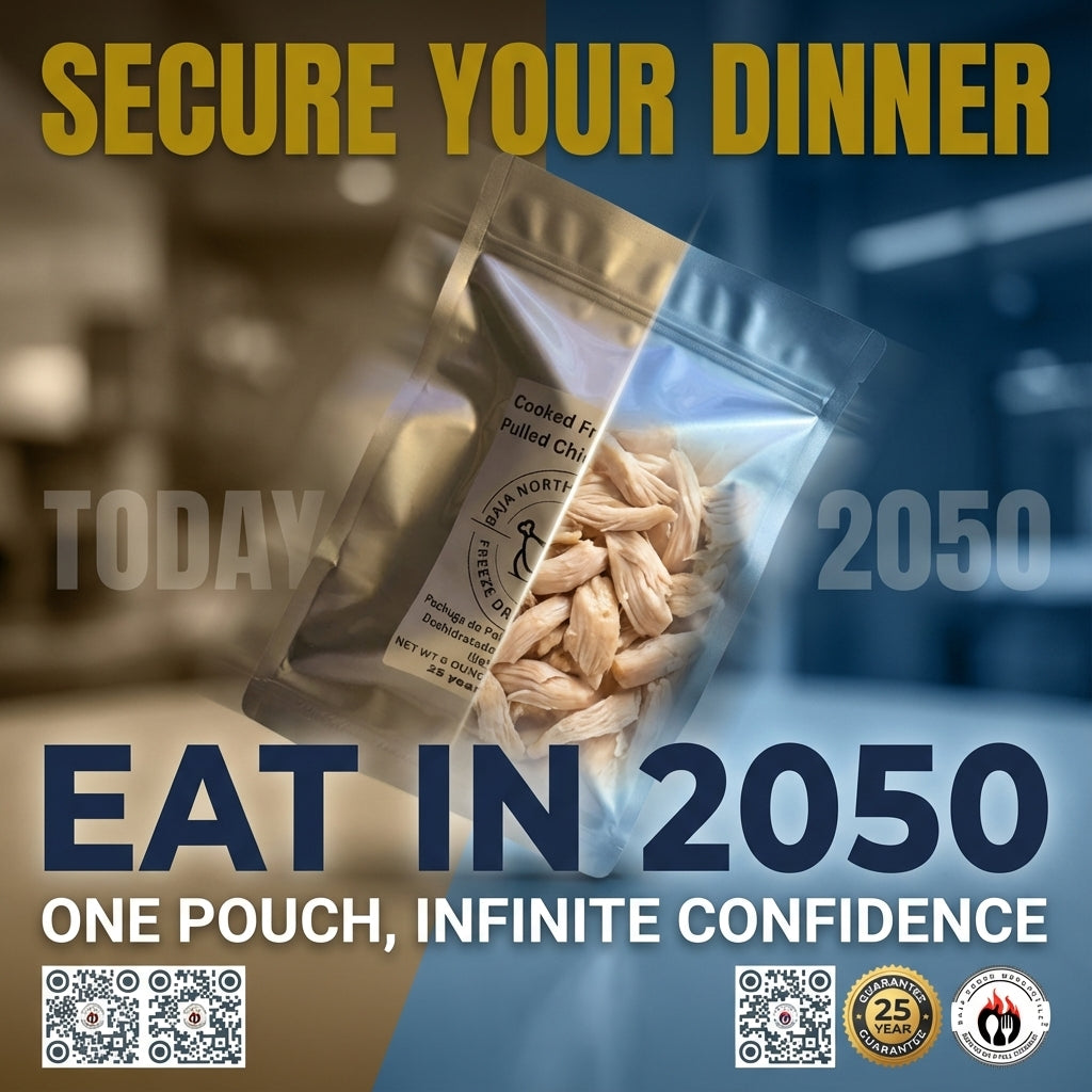 Pulled Bonesless/Skinless Chicken Breast 6oz makes 1.8lbs hydrated 25 year shelf life. Designed for Backpackers and Emergency Preparedness