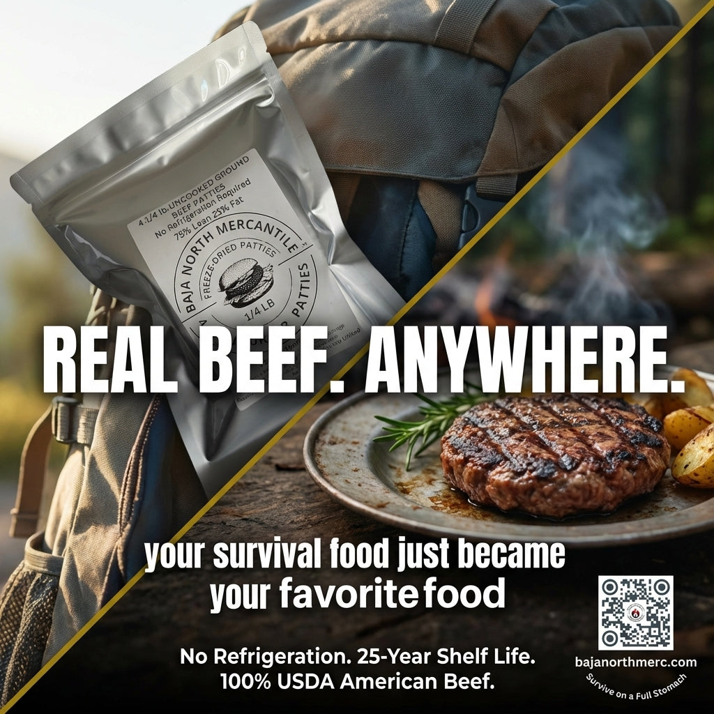 Four 1/4 lbs Raw Freeze-Dried 75/25 USDA inspected Ground Beef Patties. 1 lbs. total when Rehydrated. Designed for Backpackers, Campers, Survivalist, Hunters and Emergency Preparedness. MADE IN USA. Vacuumed Packed. No refrigeration Required.