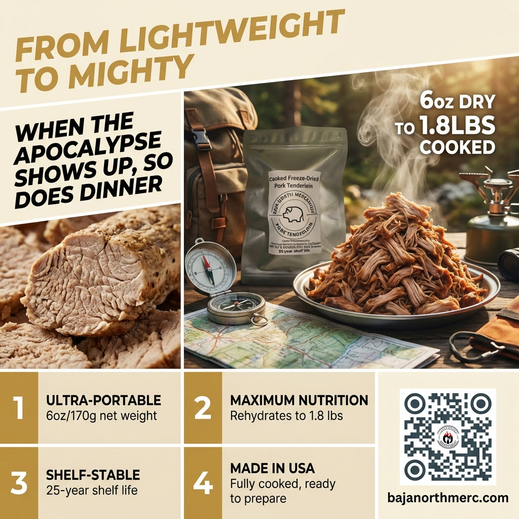 Cooked Freeze-Dried Pulled Pork Tenderloin 6oz makes 1.8 lbs hydrated. Designed for Backpackers, Campers, Survivalist, Hunters and Emergency Preparedness. MADE IN USA
