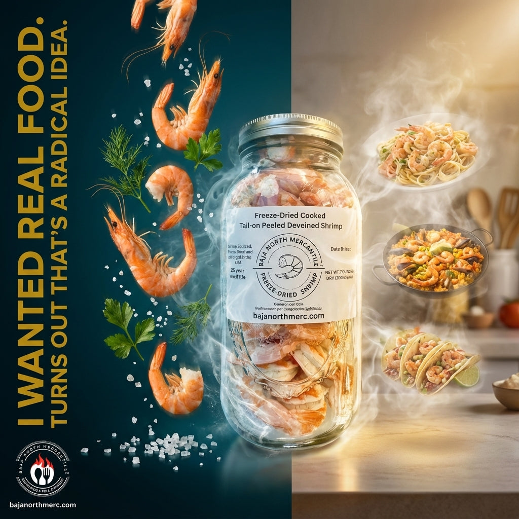 Freeze-Dried -COOKED- Tail-on Deveined Shrimp in Large Half Gallon Jar Makes 2 Pounds Rehydrated