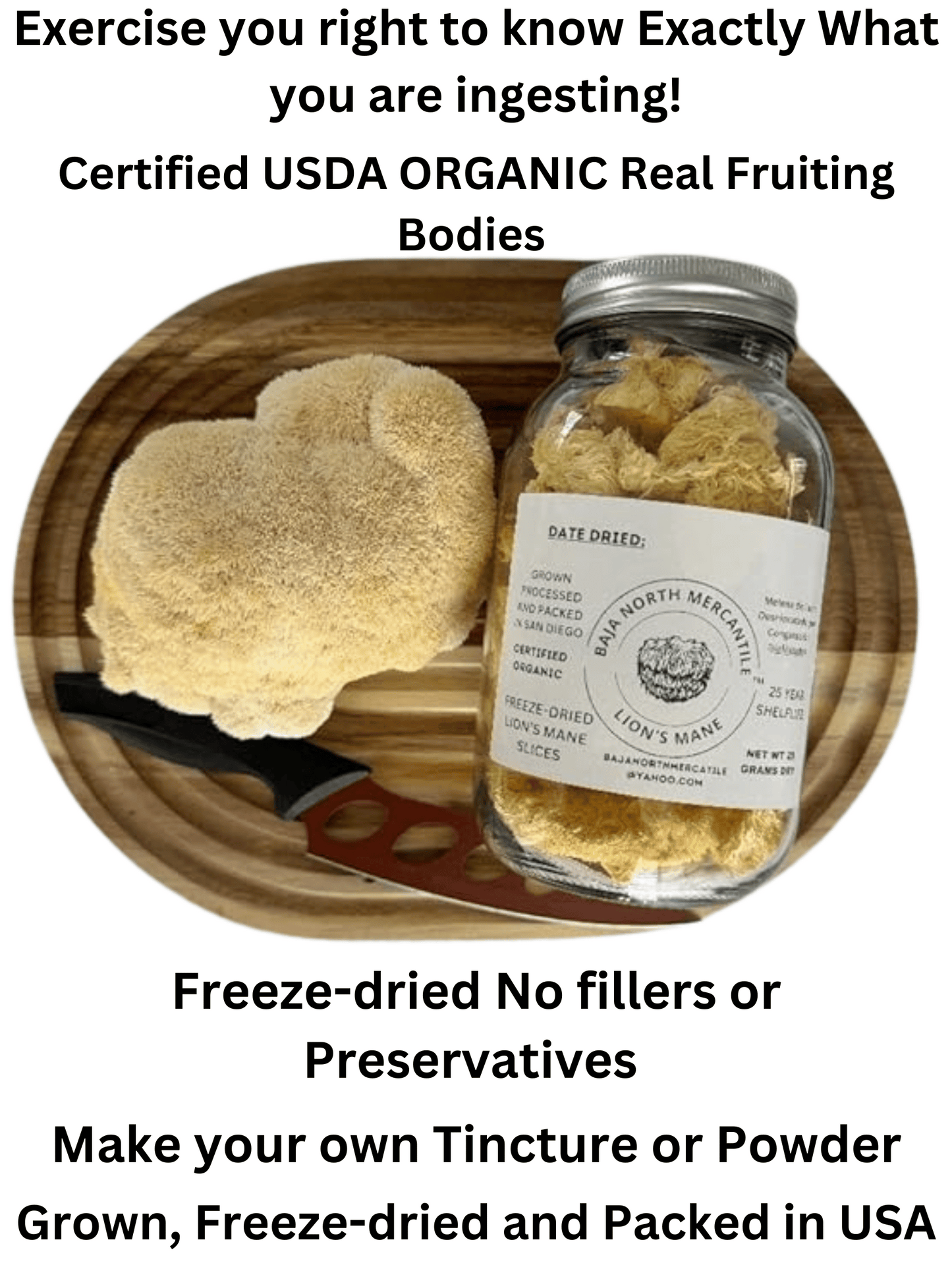 Freeze-Dried Lion's Mane Mushroom Fruiting Body Slices | Real Deal Large 25 Gram Jar | Great for tea or powder | Can be rehydrated and cooked or used as a herbal supplement | USDA organic. Excellent for Stamets Stack | No Refrigeration Required