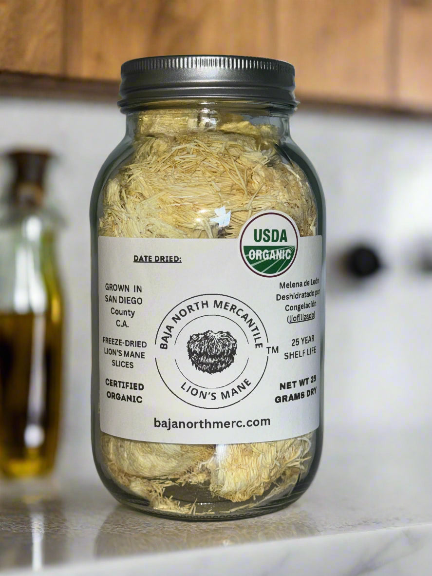 Freeze-Dried Lion's Mane Mushroom Fruiting Body Slices | Real Deal Large 25 Gram Jar | Great for tea or powder | Can be rehydrated and cooked or used as a herbal supplement | USDA organic. Excellent for Stamets Stack | No Refrigeration Required