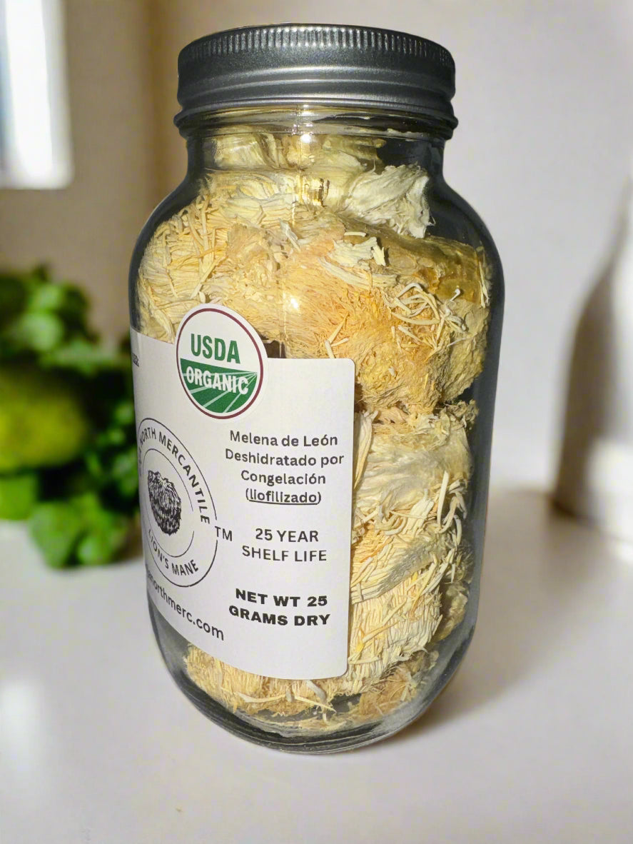 Freeze-Dried Lion's Mane Mushroom Fruiting Body Slices | Real Deal Large 25 Gram Jar | Great for tea or powder | Can be rehydrated and cooked or used as a herbal supplement | USDA organic. Excellent for Stamets Stack | No Refrigeration Required