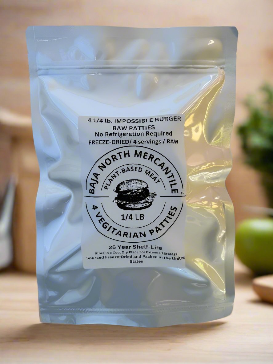 VEGAN Freeze-Dried Impossible™ Burger Patties 25 year shelf life. Made primarily from soy and potato proteins.