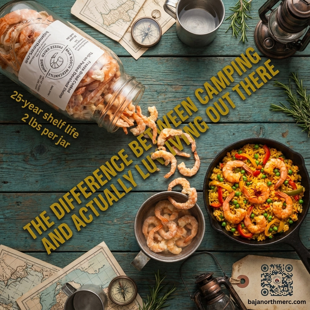 Freeze-Dried -COOKED- Tail-on Deveined Shrimp in Large Half Gallon Jar Makes 2 Pounds Rehydrated