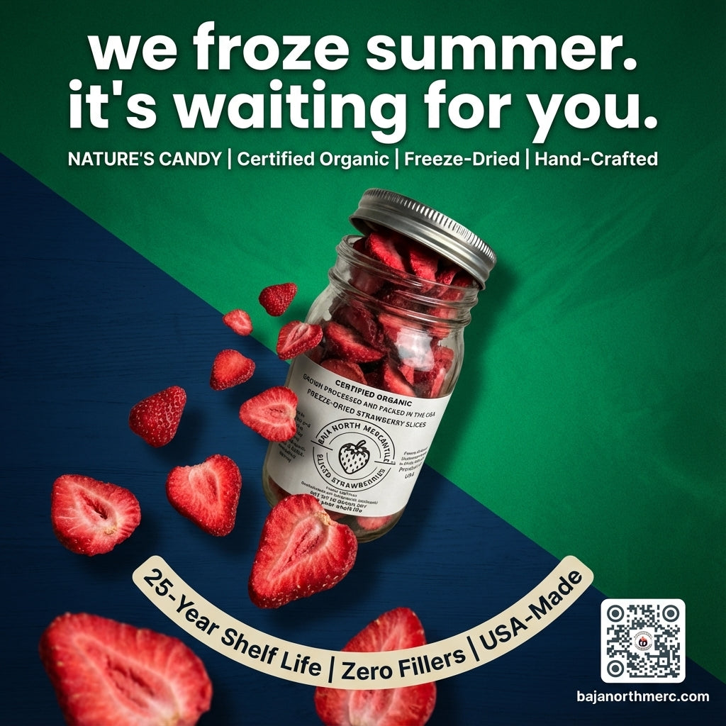 Freeze-Dried Strawberry Slices Certified by California Certified Organic Farmers a USDA Accredited Agency | Vacuumed Sealed in Glass Jars | Hand Crafted | Grown and made in USA | Pure Slices Zero Fillers, Preservatives or Additives.