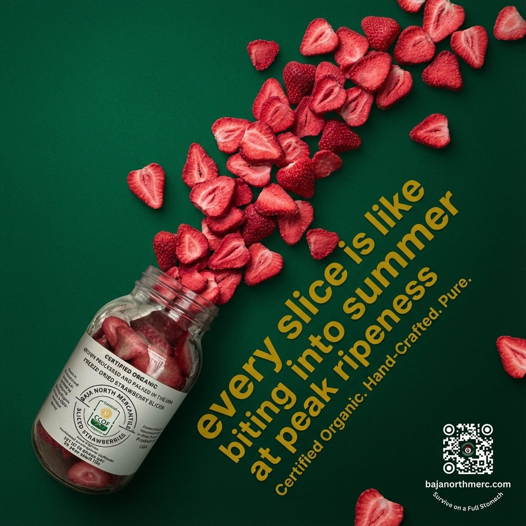 Freeze-Dried Strawberry Slices Certified by California Certified Organic Farmers a USDA Accredited Agency | Vacuumed Sealed in Glass Jars | Hand Crafted | Grown and made in USA | Pure Slices Zero Fillers, Preservatives or Additives.