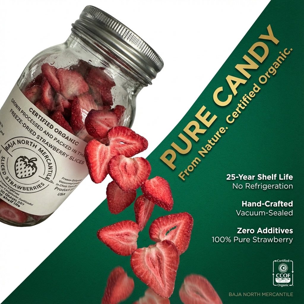 Freeze-Dried Strawberry Slices Certified by California Certified Organic Farmers a USDA Accredited Agency | Vacuumed Sealed in Glass Jars | Hand Crafted | Grown and made in USA | Pure Slices Zero Fillers, Preservatives or Additives.
