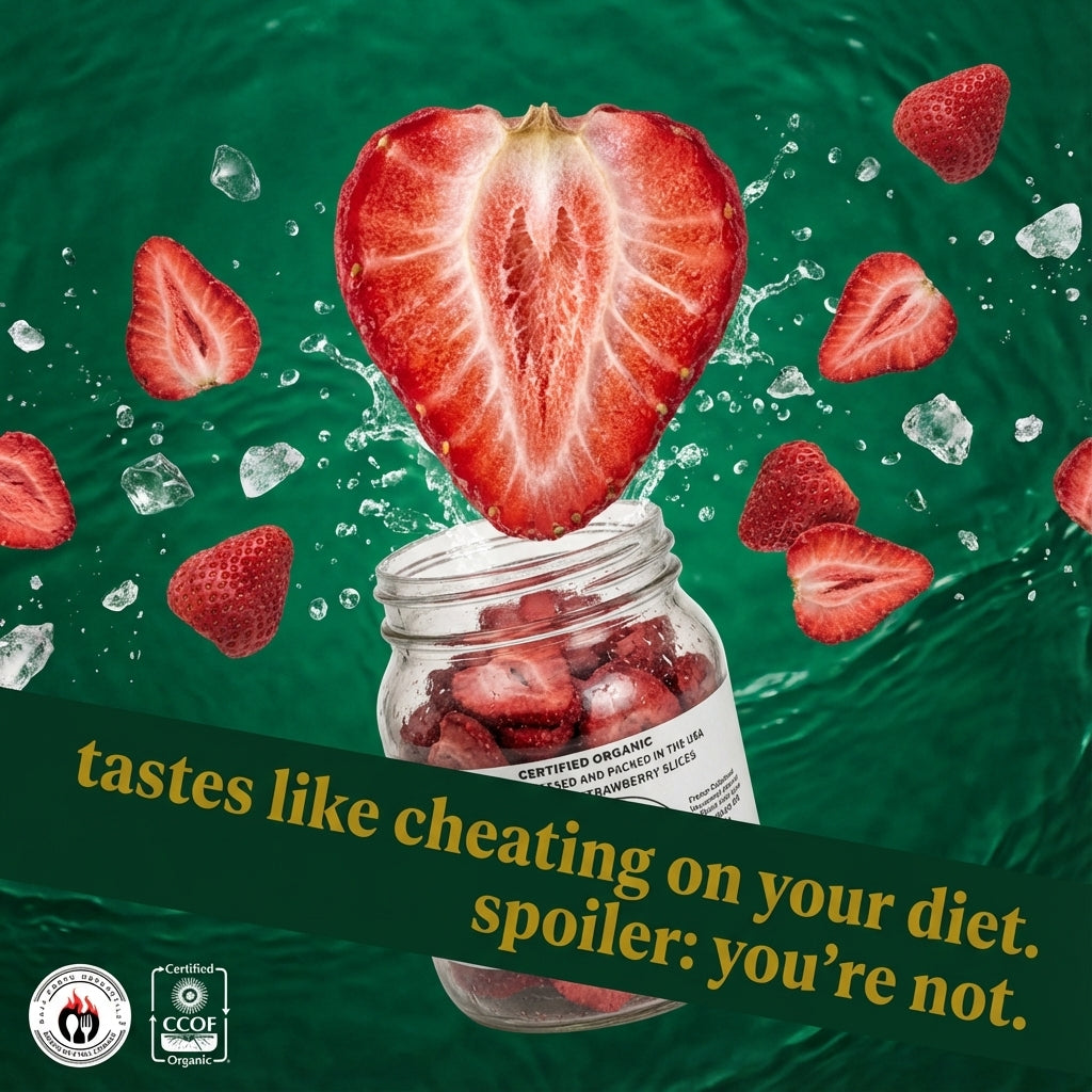 Freeze-Dried Strawberry Slices Certified by California Certified Organic Farmers a USDA Accredited Agency | Vacuumed Sealed in Glass Jars | Hand Crafted | Grown and made in USA | Pure Slices Zero Fillers, Preservatives or Additives.