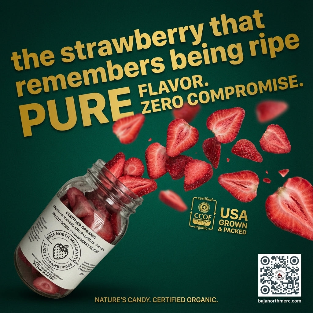 Freeze-Dried Strawberry Slices Certified by California Certified Organic Farmers a USDA Accredited Agency | Vacuumed Sealed in Glass Jars | Hand Crafted | Grown and made in USA | Pure Slices Zero Fillers, Preservatives or Additives.