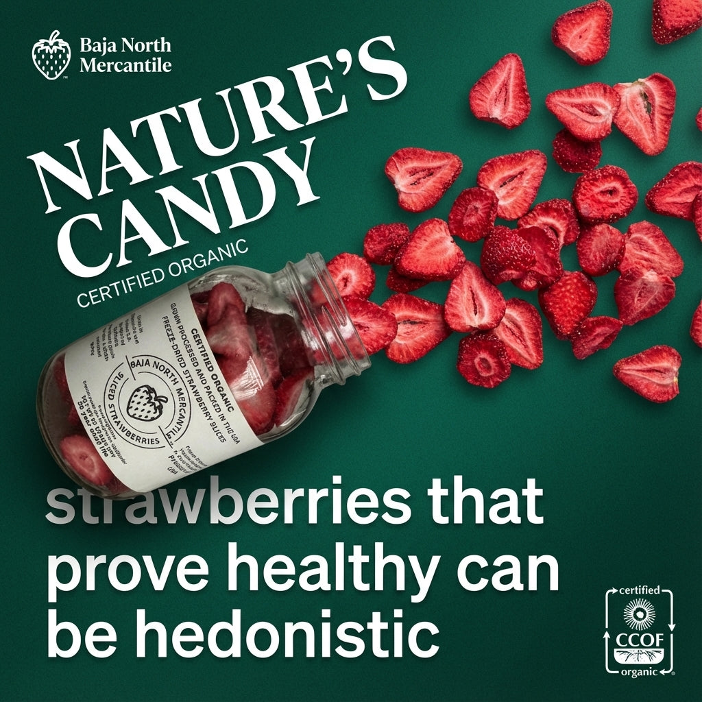 Freeze-Dried Strawberry Slices Certified by California Certified Organic Farmers a USDA Accredited Agency | Vacuumed Sealed in Glass Jars | Hand Crafted | Grown and made in USA | Pure Slices Zero Fillers, Preservatives or Additives.