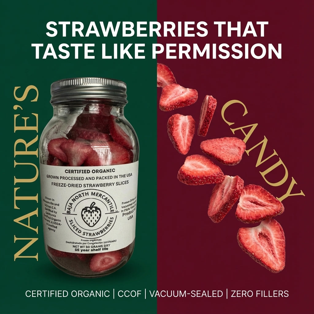 Freeze-Dried Strawberry Slices Certified by California Certified Organic Farmers a USDA Accredited Agency | Vacuumed Sealed in Glass Jars | Hand Crafted | Grown and made in USA | Pure Slices Zero Fillers, Preservatives or Additives.