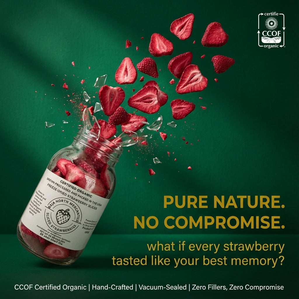 Freeze-Dried Strawberry Slices Certified by California Certified Organic Farmers a USDA Accredited Agency | Vacuumed Sealed in Glass Jars | Hand Crafted | Grown and made in USA | Pure Slices Zero Fillers, Preservatives or Additives.