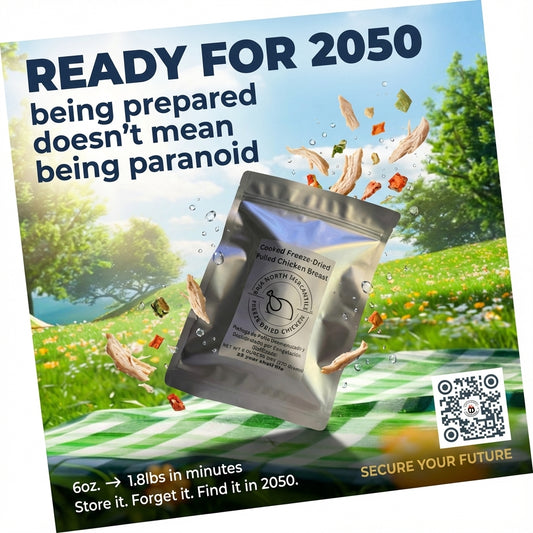 Pulled Bonesless/Skinless Chicken Breast 6oz makes 1.8lbs hydrated 25 year shelf life. Designed for Backpackers and Emergency Preparedness