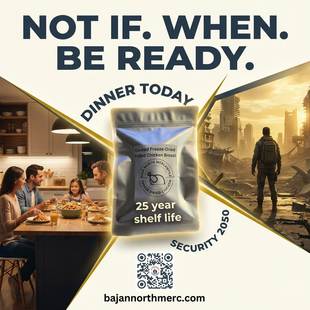 Pulled Bonesless/Skinless Chicken Breast 6oz makes 1.8lbs hydrated 25 year shelf life. Designed for Backpackers and Emergency Preparedness