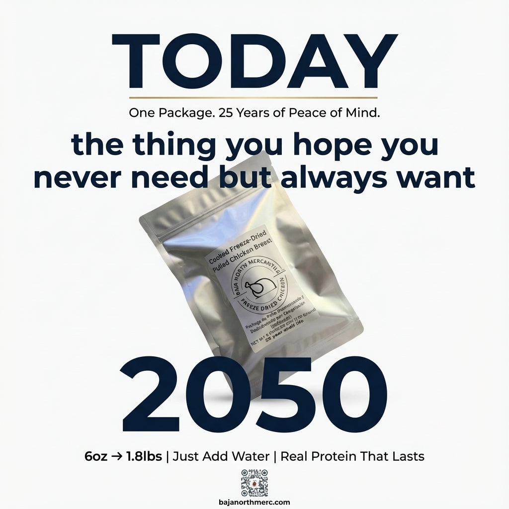 Pulled Bonesless/Skinless Chicken Breast 6oz makes 1.8lbs hydrated 25 year shelf life. Designed for Backpackers and Emergency Preparedness