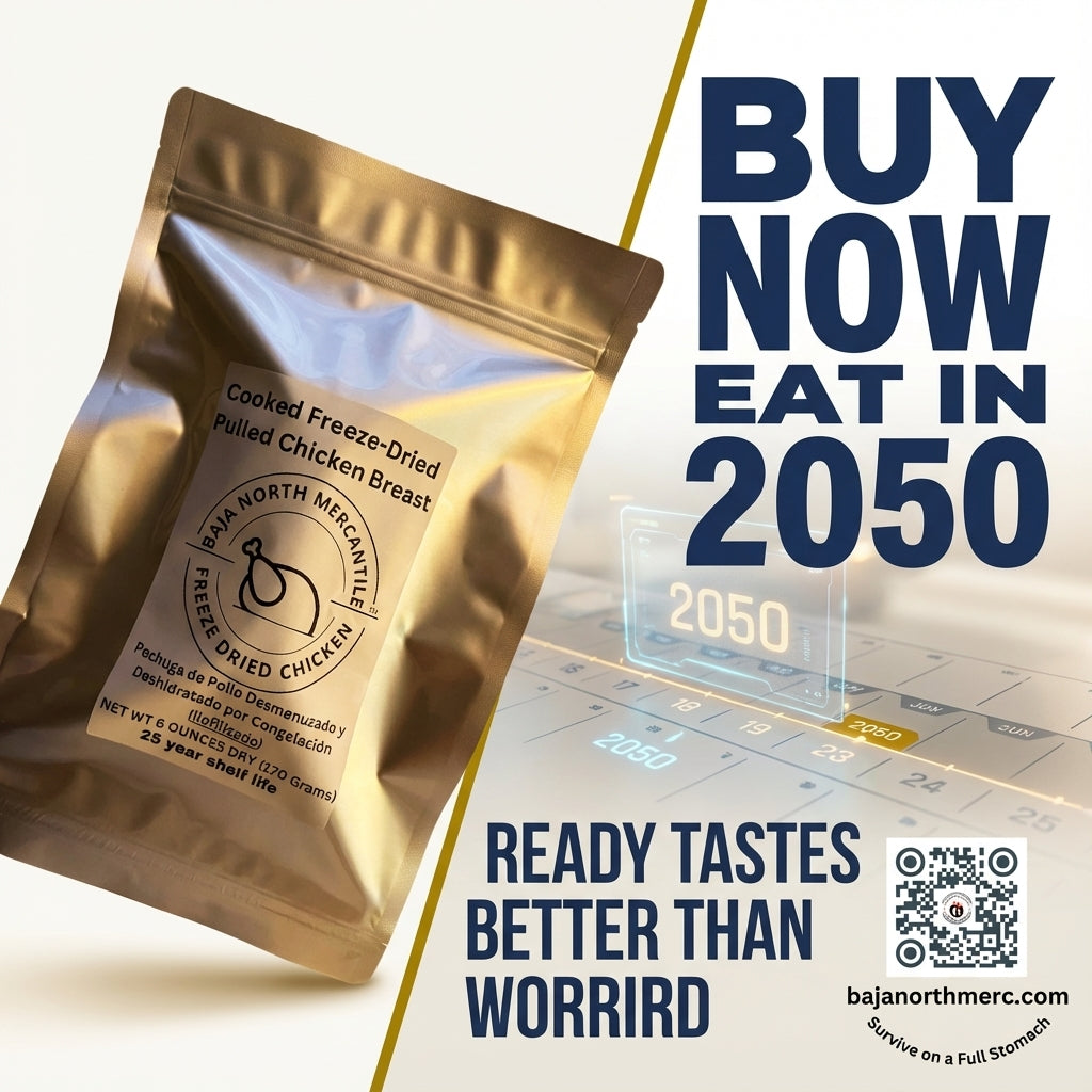 Pulled Bonesless/Skinless Chicken Breast 6oz makes 1.8lbs hydrated 25 year shelf life. Designed for Backpackers and Emergency Preparedness