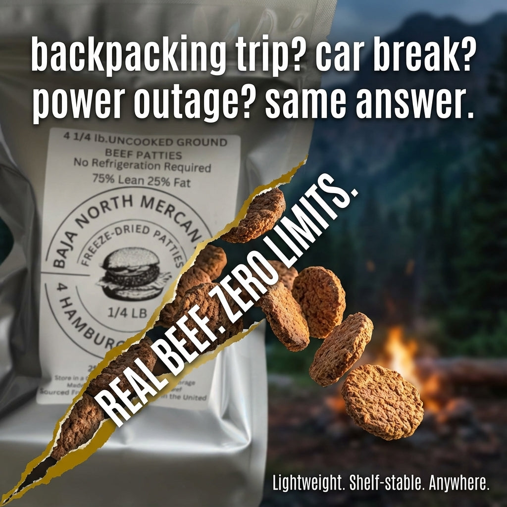Four 1/4 lbs Raw Freeze-Dried 75/25 USDA inspected Ground Beef Patties. 1 lbs. total when Rehydrated. Designed for Backpackers, Campers, Survivalist, Hunters and Emergency Preparedness. MADE IN USA. Vacuumed Packed. No refrigeration Required.