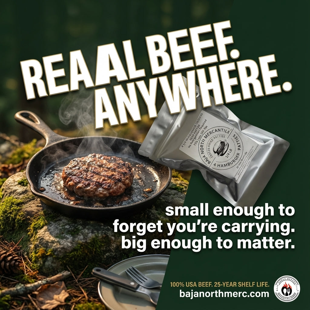 Four 1/4 lbs Raw Freeze-Dried 75/25 USDA inspected Ground Beef Patties. 1 lbs. total when Rehydrated. Designed for Backpackers, Campers, Survivalist, Hunters and Emergency Preparedness. MADE IN USA. Vacuumed Packed. No refrigeration Required.