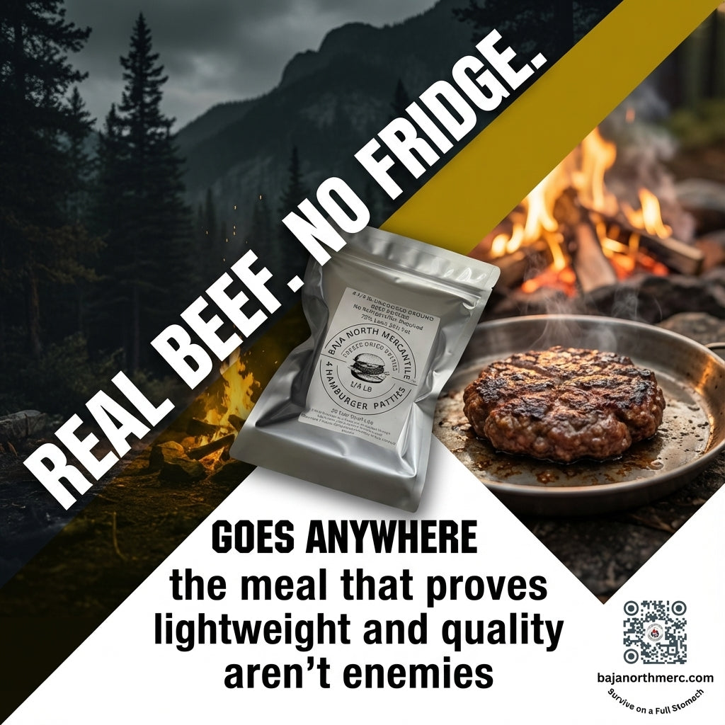 Four 1/4 lbs Raw Freeze-Dried 75/25 USDA inspected Ground Beef Patties. 1 lbs. total when Rehydrated. Designed for Backpackers, Campers, Survivalist, Hunters and Emergency Preparedness. MADE IN USA. Vacuumed Packed. No refrigeration Required.