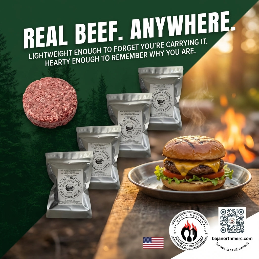 Four 1/4 lbs Raw Freeze-Dried 75/25 USDA inspected Ground Beef Patties. 1 lbs. total when Rehydrated. Designed for Backpackers, Campers, Survivalist, Hunters and Emergency Preparedness. MADE IN USA. Vacuumed Packed. No refrigeration Required.