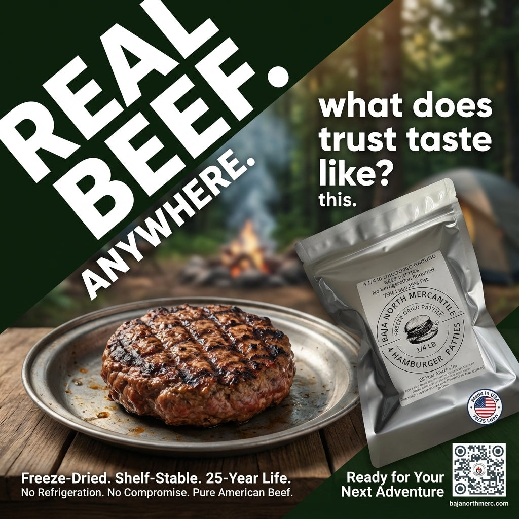 Four 1/4 lbs Raw Freeze-Dried 75/25 USDA inspected Ground Beef Patties. 1 lbs. total when Rehydrated. Designed for Backpackers, Campers, Survivalist, Hunters and Emergency Preparedness. MADE IN USA. Vacuumed Packed. No refrigeration Required.