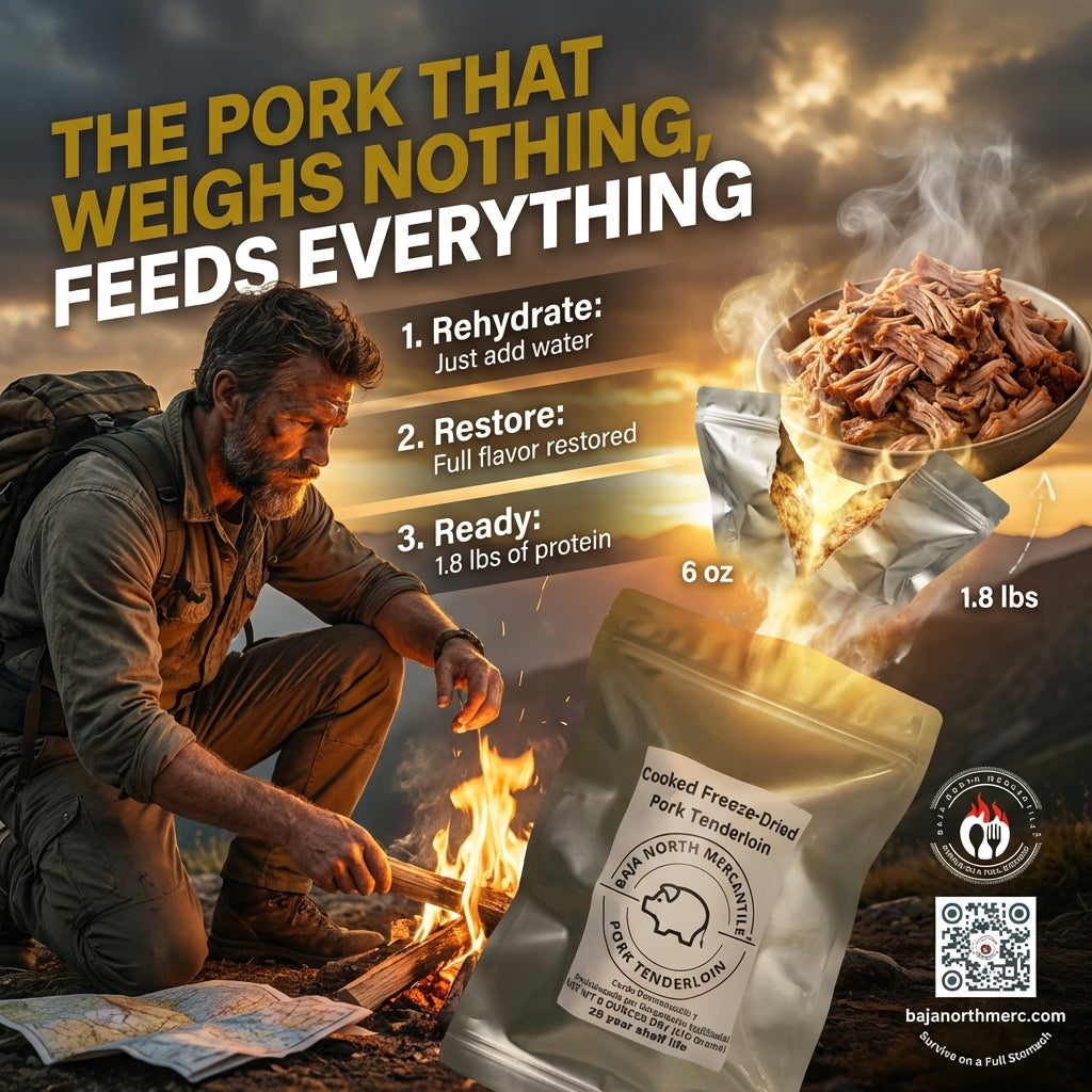 Cooked Freeze-Dried Pulled Pork Tenderloin 6oz makes 1.8 lbs hydrated. Designed for Backpackers, Campers, Survivalist, Hunters and Emergency Preparedness. MADE IN USA