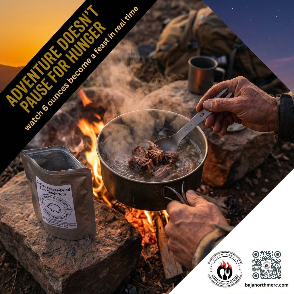 Cooked Freeze-Dried Pulled Pork Tenderloin 6oz makes 1.8 lbs hydrated. Designed for Backpackers, Campers, Survivalist, Hunters and Emergency Preparedness. MADE IN USA