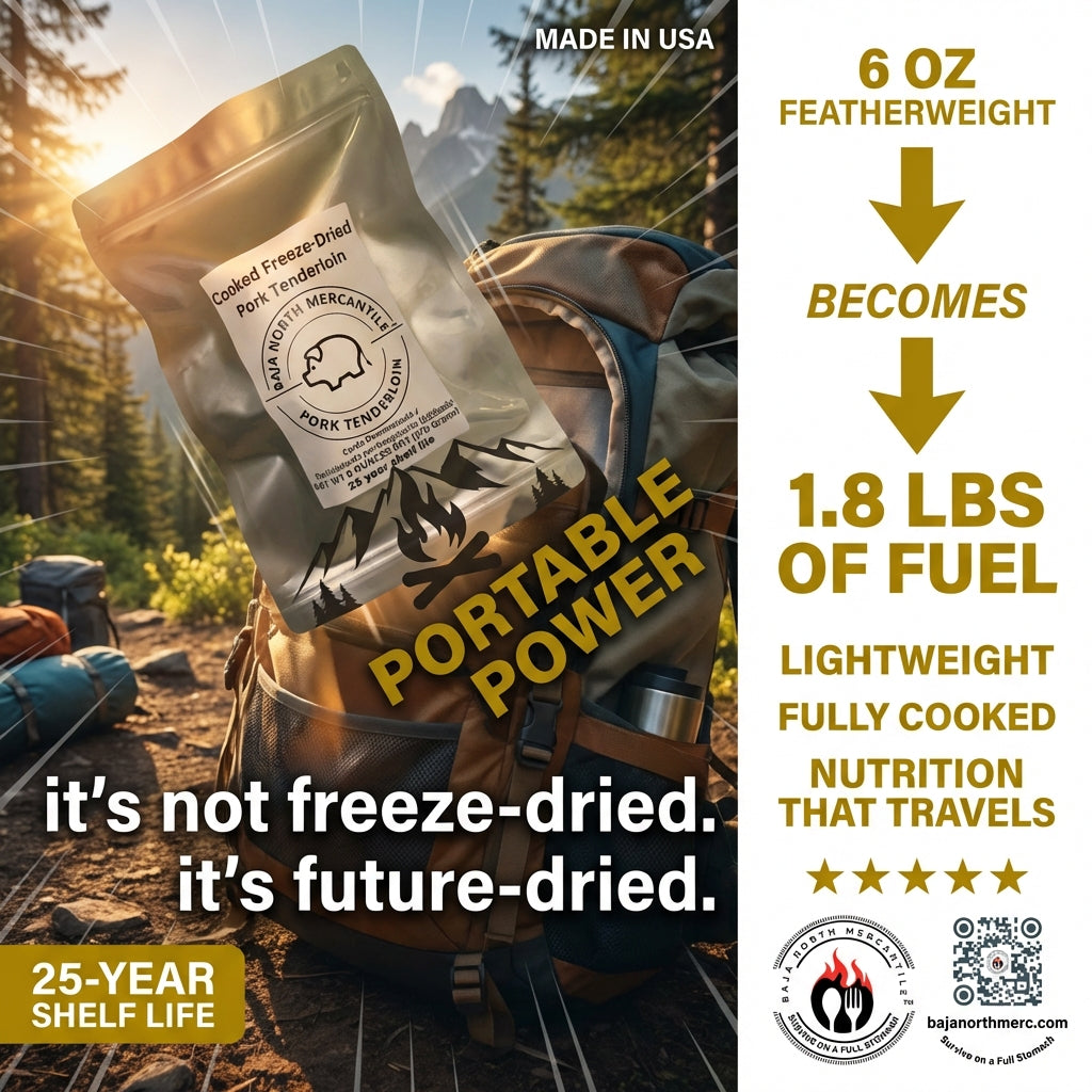 Cooked Freeze-Dried Pulled Pork Tenderloin 6oz makes 1.8 lbs hydrated. Designed for Backpackers, Campers, Survivalist, Hunters and Emergency Preparedness. MADE IN USA