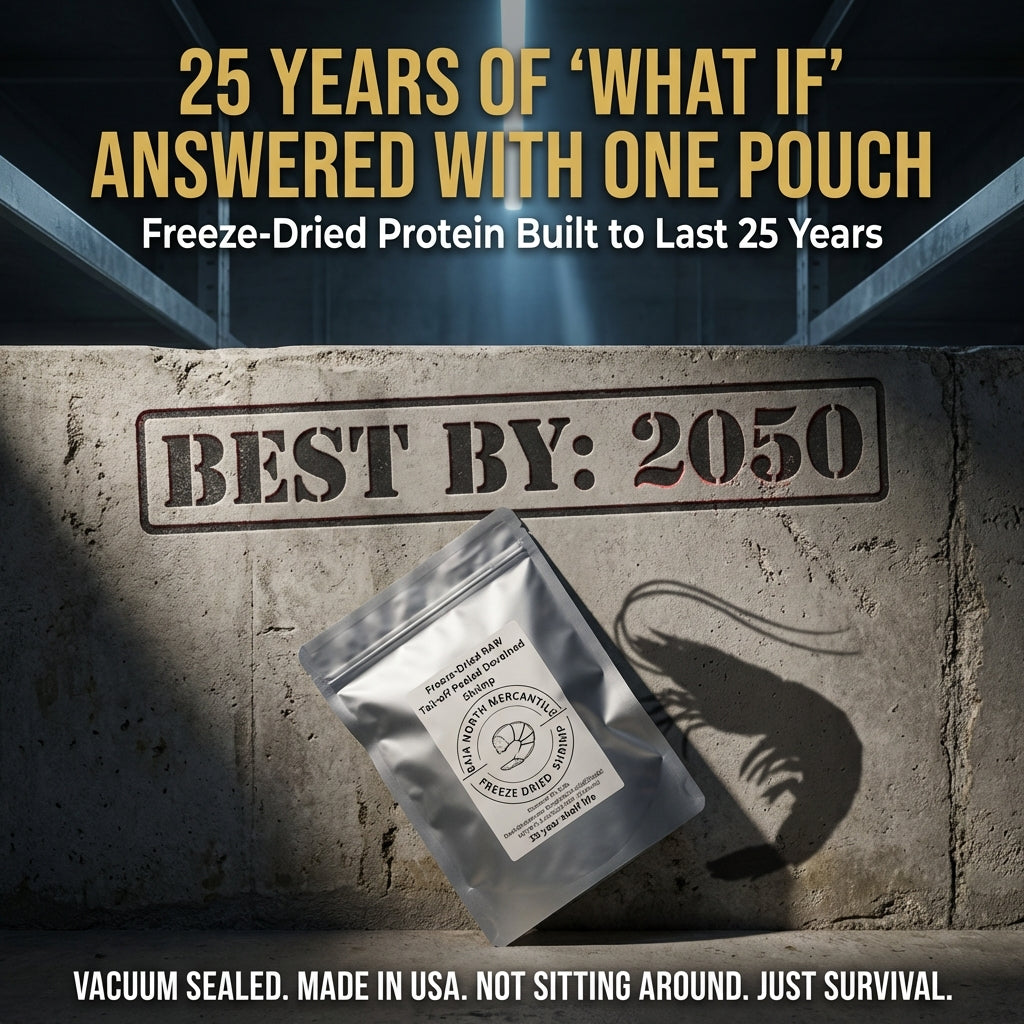 Freeze-Dried RAW Shrimp 41-50 Tail-off Deveined/Peeled 25 Year Shelf Life Designed for Backpackers, Campers, Survivalist and Emergency Preparedness. MADE IN USA