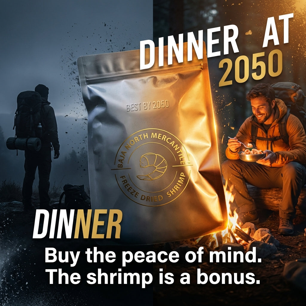 Freeze-Dried RAW Shrimp 41-50 Tail-off Deveined/Peeled 25 Year Shelf Life Designed for Backpackers, Campers, Survivalist and Emergency Preparedness. MADE IN USA