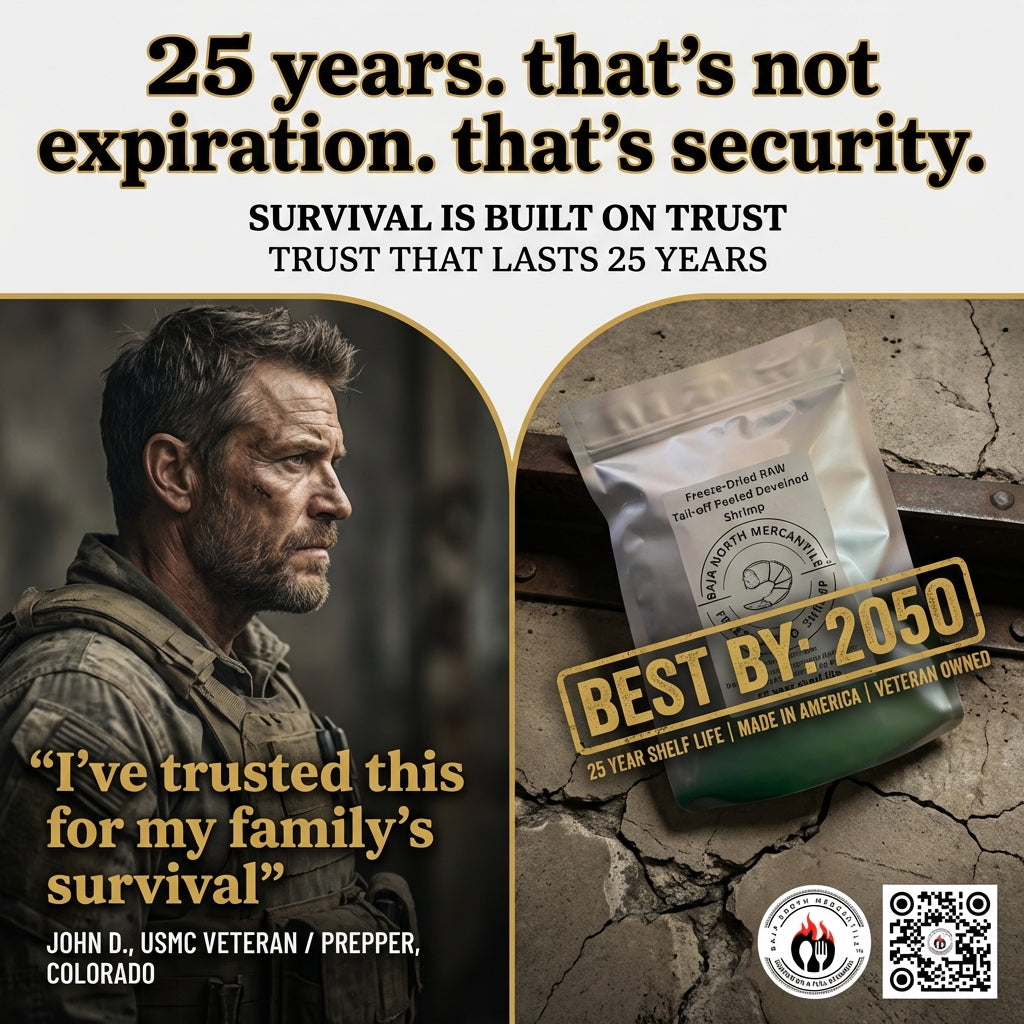 Freeze-Dried RAW Shrimp 41-50 Tail-off Deveined/Peeled 25 Year Shelf Life Designed for Backpackers, Campers, Survivalist and Emergency Preparedness. MADE IN USA