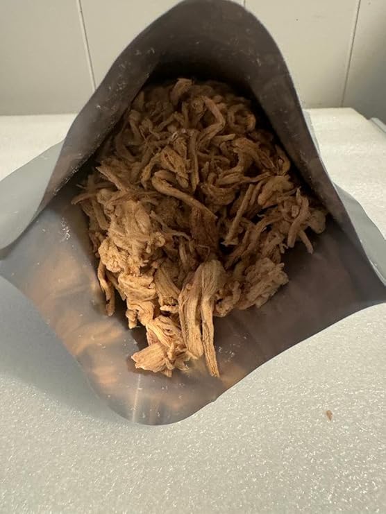 Cooked Freeze-Dried Pulled Pork Tenderloin 6oz makes 1.8 lbs hydrated. Designed for Backpackers, Campers, Survivalist, Hunters and Emergency Preparedness. MADE IN USA