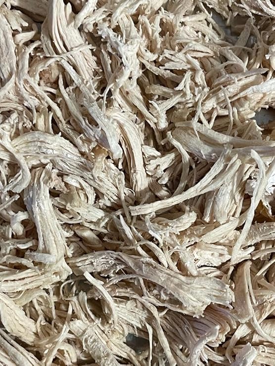 Pulled Bonesless/Skinless Chicken Breast 6oz makes 1.8lbs hydrated 25 year shelf life. Designed for Backpackers and Emergency Preparedness