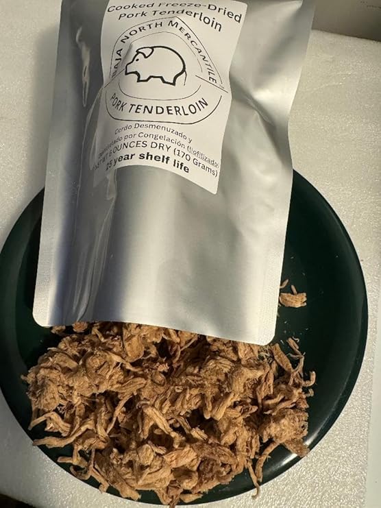 Cooked Freeze-Dried Pulled Pork Tenderloin 6oz makes 1.8 lbs hydrated. Designed for Backpackers, Campers, Survivalist, Hunters and Emergency Preparedness. MADE IN USA