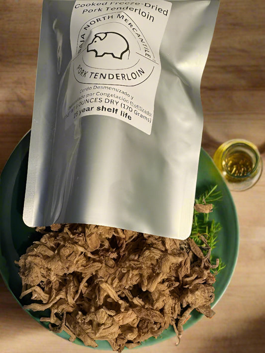 Cooked Freeze-Dried Pulled Pork Tenderloin 6oz makes 1.8 lbs hydrated. Designed for Backpackers, Campers, Survivalist, Hunters and Emergency Preparedness. MADE IN USA