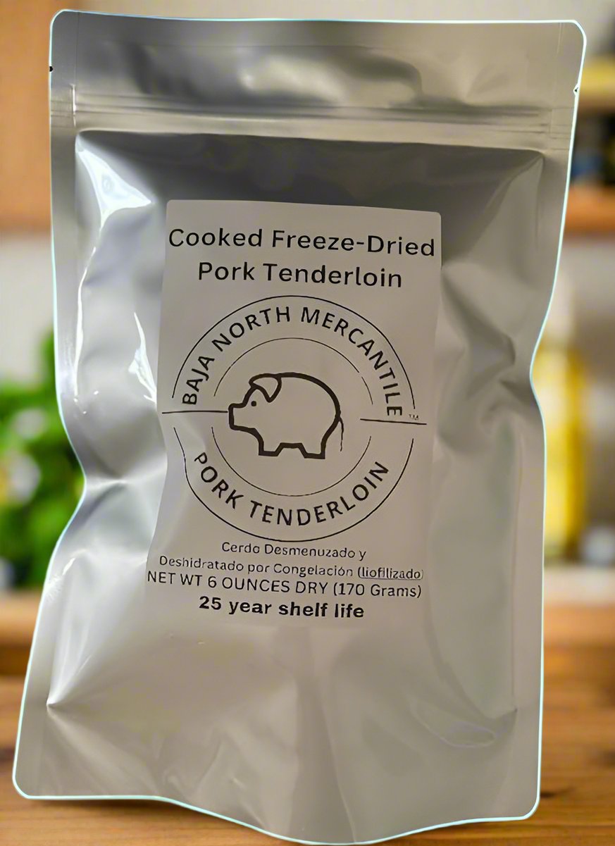 Cooked Freeze-Dried Pulled Pork Tenderloin 6oz makes 1.8 lbs hydrated. Designed for Backpackers, Campers, Survivalist, Hunters and Emergency Preparedness. MADE IN USA