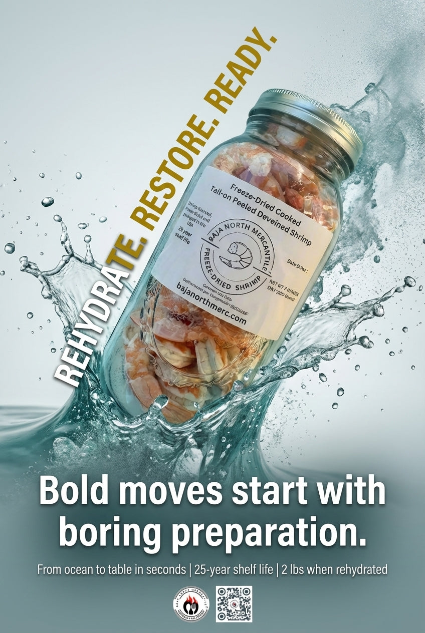 Freeze-Dried -COOKED- Tail-on Deveined Shrimp in Large Half Gallon Jar Makes 2 Pounds Rehydrated