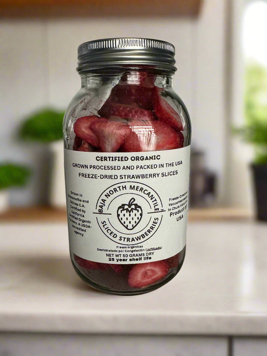 Freeze-Dried Strawberry Slices Certified by California Certified Organic Farmers a USDA Accredited Agency | Vacuumed Sealed in Glass Jars | Hand Crafted | Grown and made in USA | Pure Slices Zero Fillers, Preservatives or Additives.