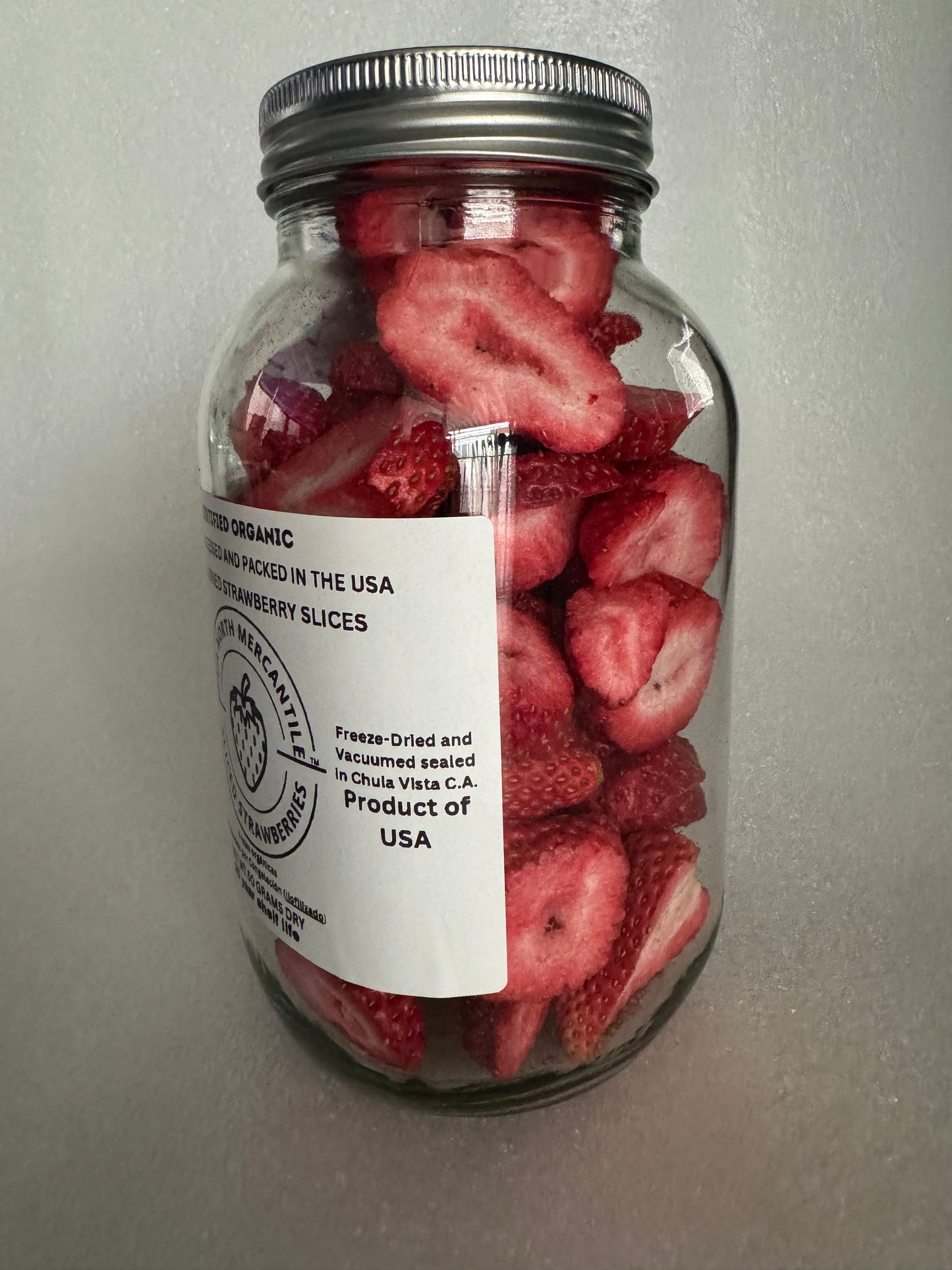 Freeze-Dried Strawberry Slices Certified by California Certified Organic Farmers a USDA Accredited Agency | Vacuumed Sealed in Glass Jars | Hand Crafted | Grown and made in USA | Pure Slices Zero Fillers, Preservatives or Additives.