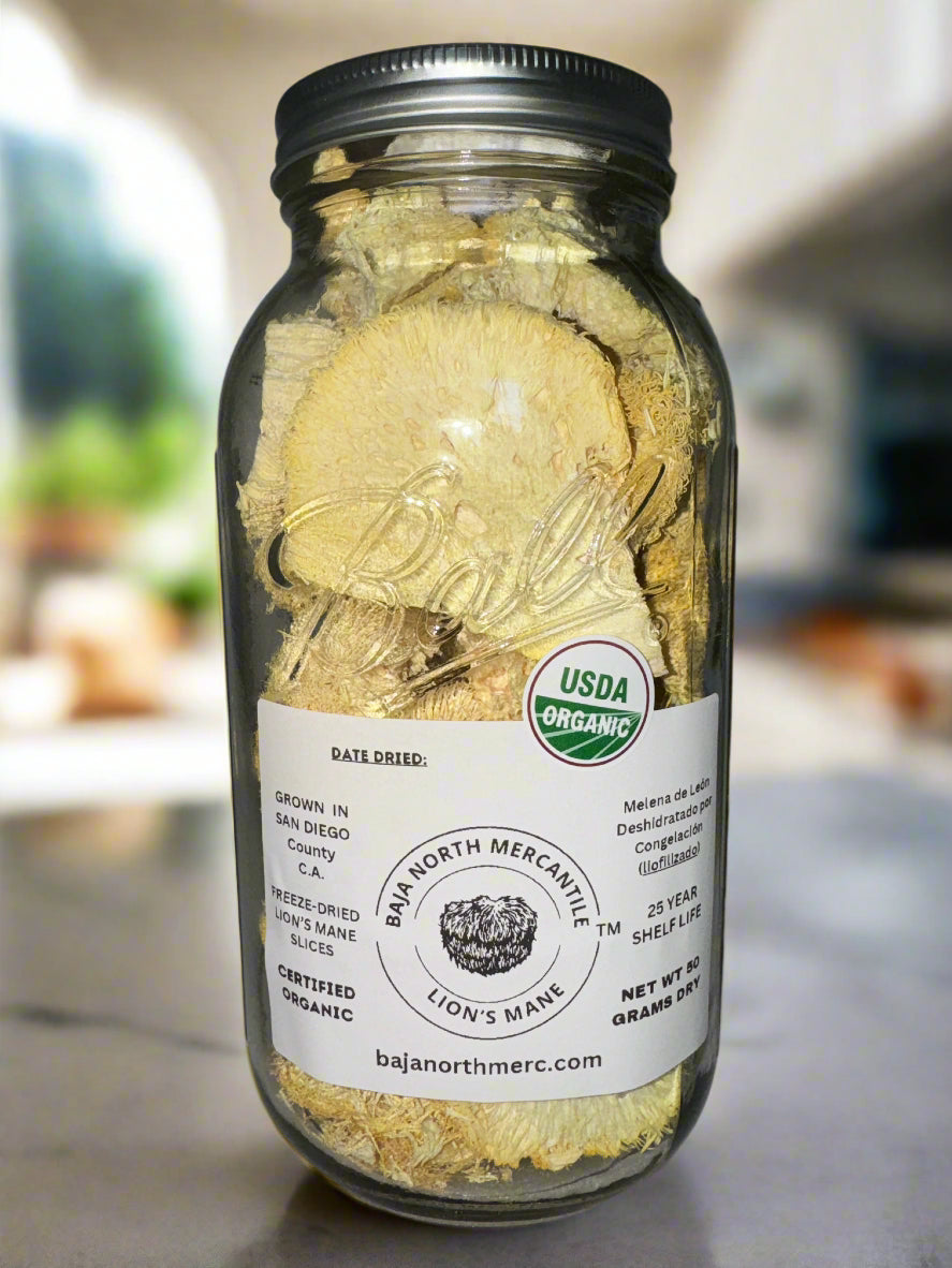 50 gram Huge JAR of Freeze-Dried Lion's Mane Mushroom Slices. 1.5lbs Rehydrated. 100% Organic. 100% Made in USA. Great for Powder, Tea or Supplement. No fillers. No Additives. Great for Stamets stack!