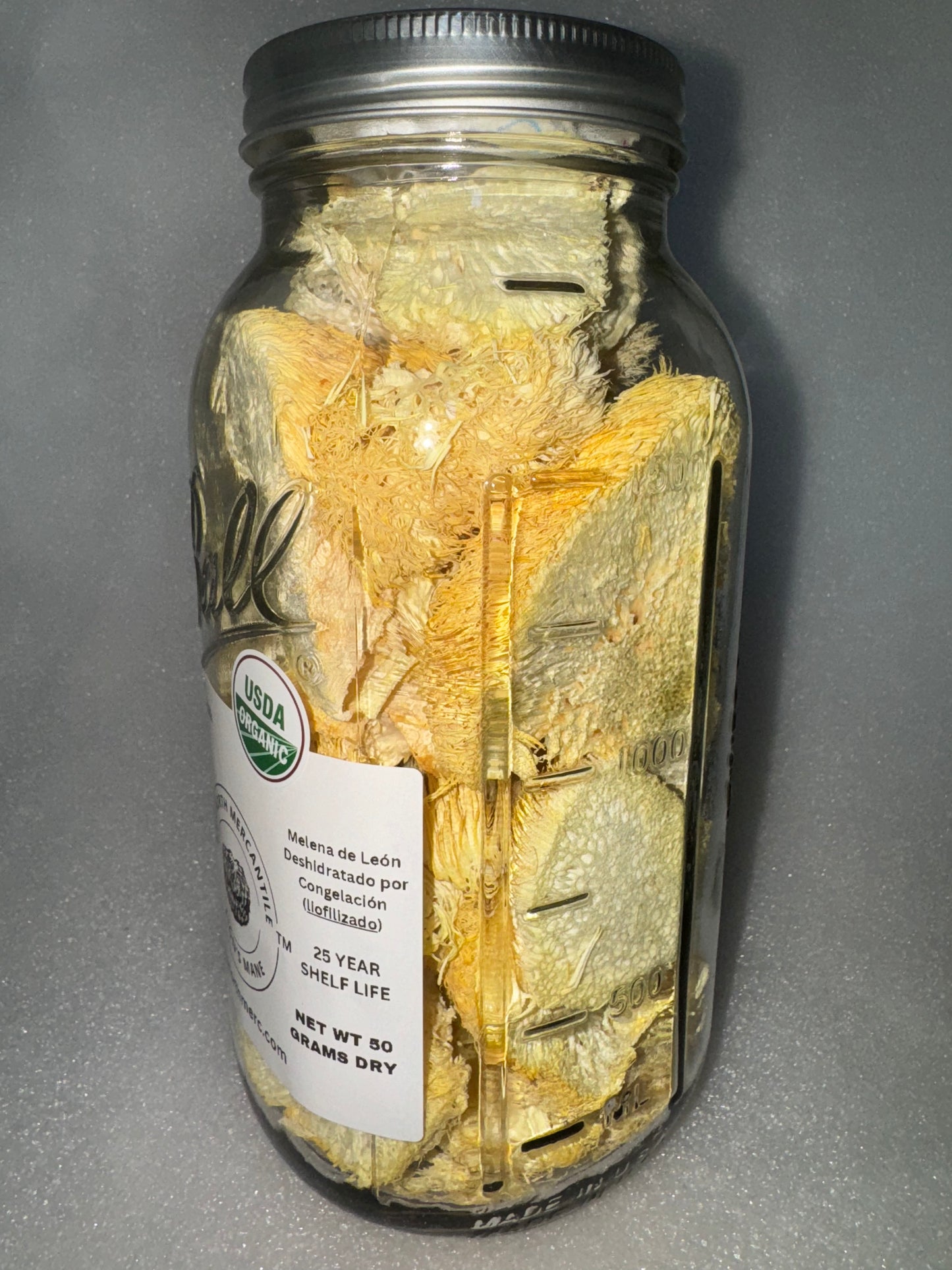 50 gram Huge JAR of Freeze-Dried Lion's Mane Mushroom Slices. 1.5lbs Rehydrated. 100% Organic. 100% Made in USA. Great for Powder, Tea or Supplement. No fillers. No Additives. Great for Stamets stack!