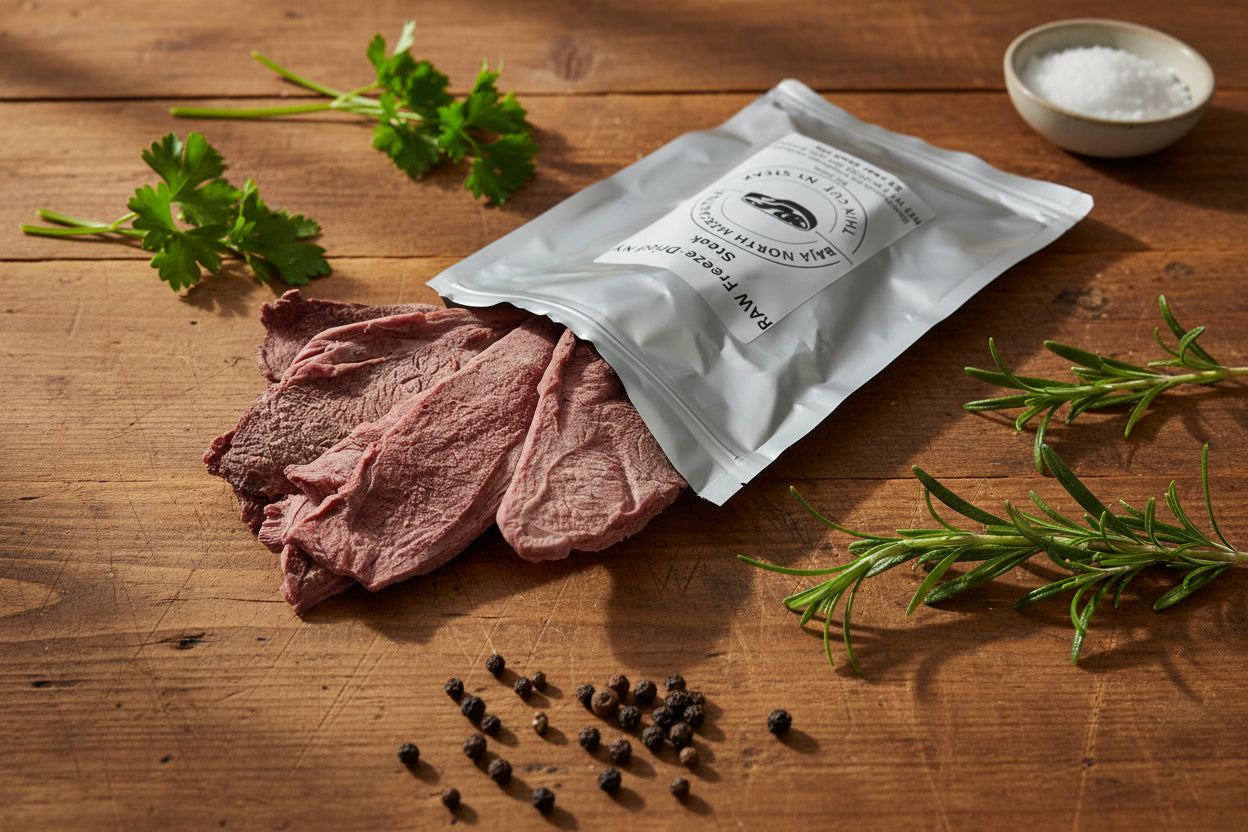 RAW QTY 4 | Freeze-Dries NY Steaks | Thin Cut | 25 Year Shelf Life | USA Product | No Preservatives or additives | All Natural USDA inspected beef