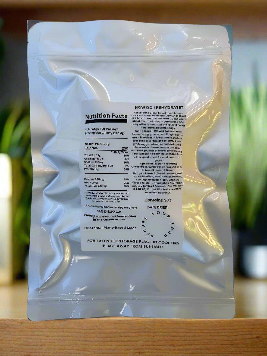 VEGAN Freeze-Dried Impossible™  Burger Patties 25 year shelf life. Made primarily from soy and potato proteins.