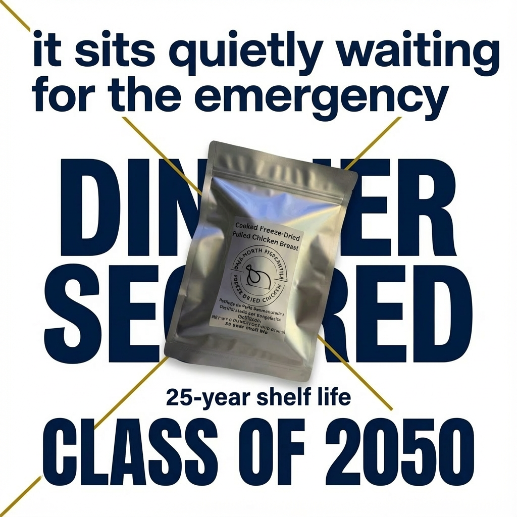 Pulled Bonesless/Skinless Chicken Breast 6oz makes 1.8lbs hydrated 25 year shelf life. Designed for Backpackers and Emergency Preparedness