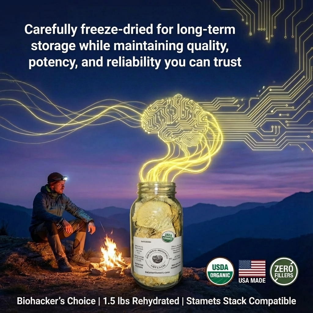 50 gram Huge JAR of Freeze-Dried Lion's Mane Mushroom Slices. 1.5lbs Rehydrated. 100% Organic. 100% Made in USA. Great for Powder, Tea or Supplement. No fillers. No Additives. Great for Stamets stack!