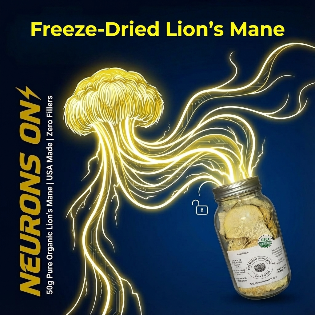50 gram Huge JAR of Freeze-Dried Lion's Mane Mushroom Slices. 1.5lbs Rehydrated. 100% Organic. 100% Made in USA. Great for Powder, Tea or Supplement. No fillers. No Additives. Great for Stamets stack!