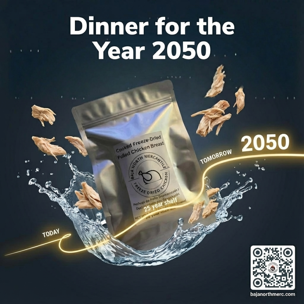 Pulled Bonesless/Skinless Chicken Breast 6oz makes 1.8lbs hydrated 25 year shelf life. Designed for Backpackers and Emergency Preparedness