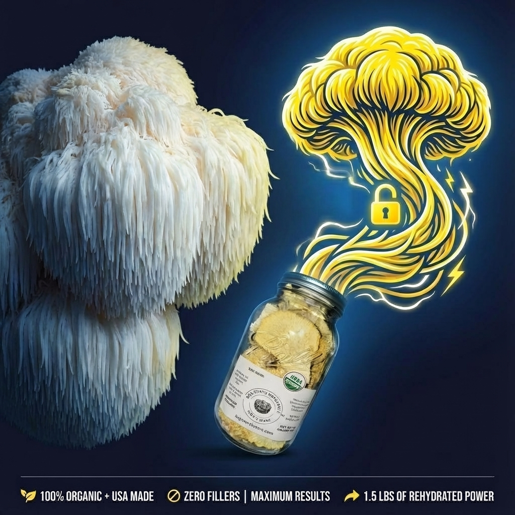 50 gram Huge JAR of Freeze-Dried Lion's Mane Mushroom Slices. 1.5lbs Rehydrated. 100% Organic. 100% Made in USA. Great for Powder, Tea or Supplement. No fillers. No Additives. Great for Stamets stack!